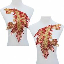 [Free Shipping]Silvora Pair Embroidery Phoenix Costume Sequin Appliques Patches, Peacock Feather Tail Applique Embellishments For Dance Dresses,Clothes,T-Shirt,Neckline Bodice Pants (Red) - 紅色 - 查看 3
