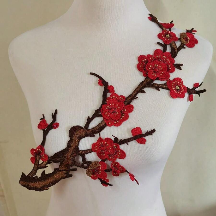 Colorful Embroidered Lace Neckline Collar Floral Brown Leaf Applique Patches ScrapbooFKing Embossed Sewing (Red B) - RedB - View 1