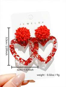一对可爱的情人节爱心亚克力耳环，饰有红色小珠和星星，浪漫礼物，送给女孩的耳环 - 彩色 - 查看 5