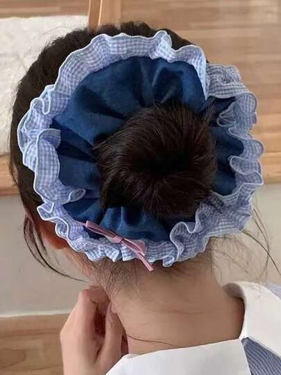 Blue & Coffee Color Bubble Sponge Bow Hair Scrunchies, New Arrival For Early Autumn, Korean Style Hair Accessories