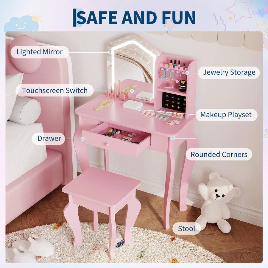 Tocador Infantil con Espejo Iluminado, Mesa y Silla para Niñas, Set de Maquillaje en Color Rosa - Rosa - Ver 1