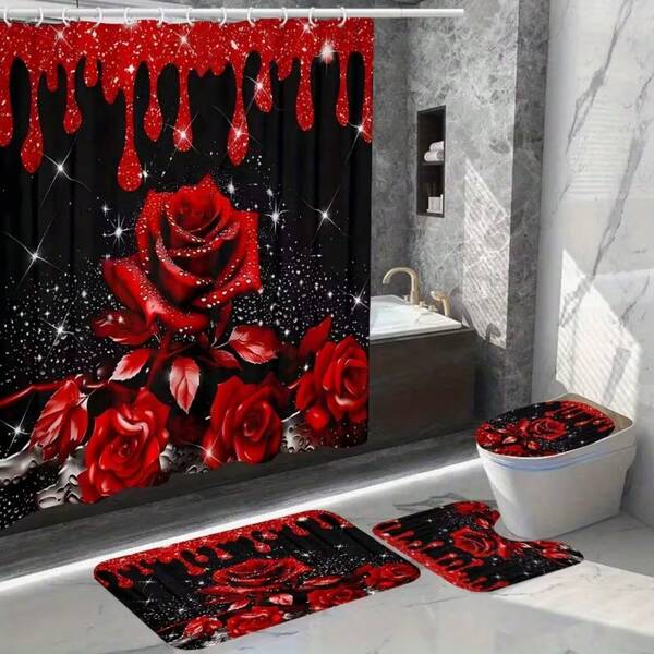1/4 Piece Rose Shower Curtain Decor, Elegant Housewarming Gift, Modern Home Decor, 3-Piece Shower Curtain And Bath Mat Set With Shower Curtain Hooks, Best Valentine's Day Gift, Bathroom Decor, Bathroom Accessories