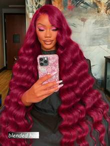 10-36英寸 13X4 高清蕾丝前假发，自然波浪卷，无胶真人发混纺，180%巴西真人发混纺，自然13X4全蕾丝边缘，预拔毛蕾丝假发，带婴儿发，耳到耳瑞士高清蕾丝，打造自然外观，99J 酒红色 - S99J/BUG - 查看 3