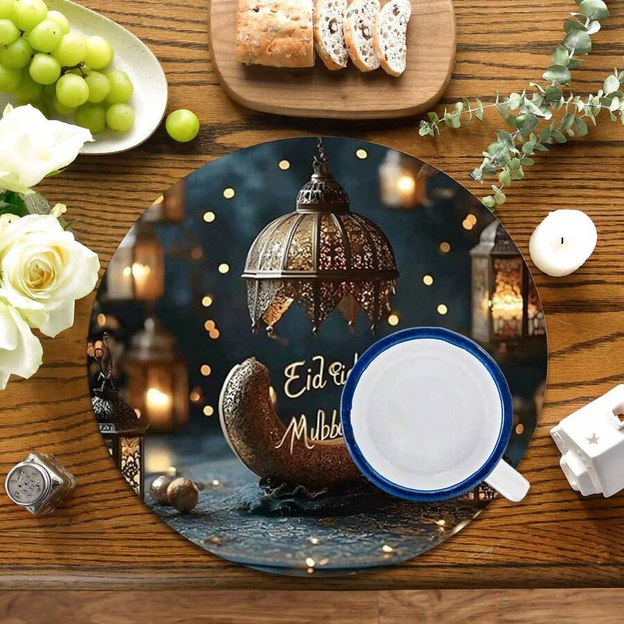 2pcs/4pcs/6pcs Silica Gel Placemat With Moon And Islamic Lantern Pattern, Islamic Festival Gift, Arabic Style Festival Decor, Suitable For Dining Table, Coffee Bar, All Season Decoration, Washable Placemats, Room Decor, Coasters, Drain Mats, Kitchen Dining Table Mats, Indoor Outdoor Party Decor, Home Decor, Ideal Gift - Multicolor - View 1