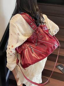 1 szt. Vintage damska torba typu tote, minimalistyczna torebka o dużej pojemności, modna torba na ramię do pracy/studenta - Burgund - Zobacz 8