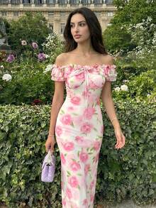 Women's Elegant Pink Rose Print Off Shoulder Ruffled Ruched Bodycon Maxi Dress, Chic Sleeveless Summer Dress, Romantic Garden Party Outfit - Multicolor - View 7