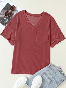 CILKOO Women's Loose Twist Pocket V-Neck Casual Short Sleeve T-Shirt, Spring/Summer - Burgundy - View 8