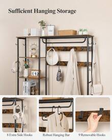 Hzuaneri Coat Rack With Shoe Bench, Wardrobe With Shoe Bench, 1 Drawer, Clothes Rack With 17 Hooks, 1 Hanging Rail, 4-Tier Side Frame, 120 X 40 X 182 Cm - Retro Brown and Black - View 4