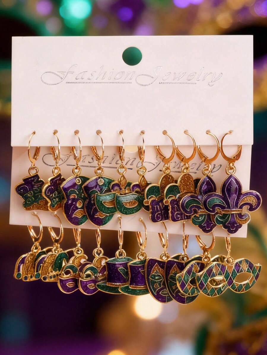 5/10套嘉年华面具、皇冠、帽子、吊坠、耳环组合套装，时尚配饰，节日派对礼物，女士 - 彩色 - 查看 1