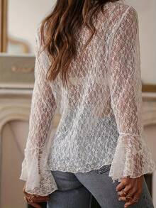 Women's Sexy Sheer Solid Color Bell Sleeve Lace Blouse White Spring - White - View 2