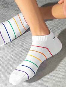 5双装男士时尚字母条纹透气休闲运动短袜，春夏款