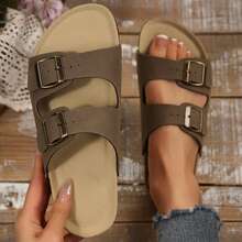 Womens Flats Sandals Adjustable Buckle Slippers Comfort Slides For Women Soft Flat Open Toe Summer Footwear Shoes - 深棕色 - 查看 3