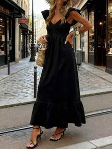 Vestidos largos elegantes para mujer con mangas de vuelo, de unicolor rojo, para vacaciones, de primavera/verano - Negro mate - Ver 3