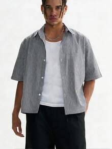 Men's Boxy Oversized Striped Button Up Shirt - màu đen - Xem 6