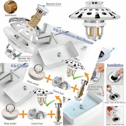 Bathroom Sink StopperSink Hair Catcher Bathroom Sink Drain Strainer Pop Up Drain Cover Plug Universal For 1.1 To 1.65in Sink Drain Hole