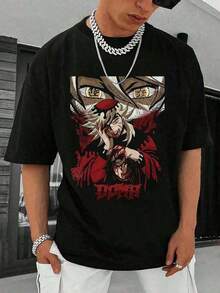 Men's T-Shirt With Red Eyed Anime Character, 100% Cotton Devil Anime Pattern T-Shirt, Short Sleeve Round Neck, Soft And Comfortable, Suitable For Daily Wear, Pairs Well With Men's Pants, Halloween Costumes, Christmas Gifts, Locally Produced And Shipped - màu đen - Xem 2