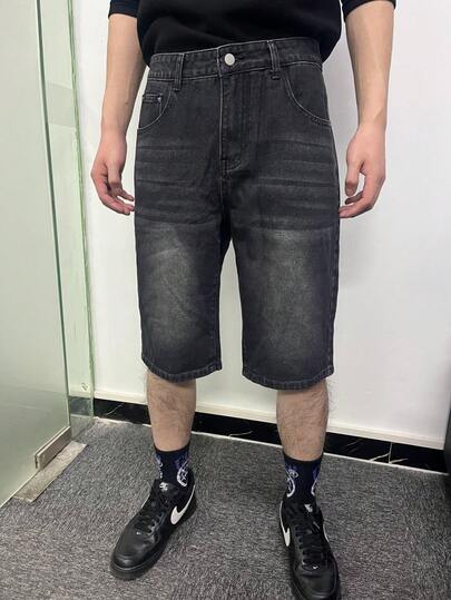 宽松休闲牛仔百慕大短裤，时尚街头运动学院风，适合日常通勤、居家、休闲活动、户外、朋友聚会