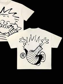 Double-Sided Printing (180 Pure Cotton T-Shirt) Hand Drawn Y2k Style Printing Men's Summer Round Neck Short Sleeve Casual Cotton - 白色 - 查看 3