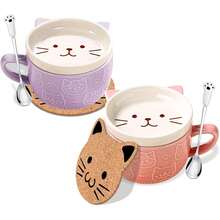 Regalo para mujer, taza linda de gato Kawaii, taza de té de cerámica rosa, taza de café con tapa, tazas de té y platillos, accesorios lindos y modernos, lindos regalos de gato para amantes de los - Rosa + Morado - Ver 12