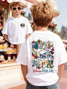 Disney Mickey And Friends Double-Sided Front And Back Print Cruise-Themed Summer Boys' Casual Cotton Crew Neck Short-Sleeve T-Shirt, Suitable For Everyday Wear, Travel, And Sports. Comfortable And Breathable, Stylish And Versatile, It's The Perfect Gift For Kids. - 白色 - 查看 1