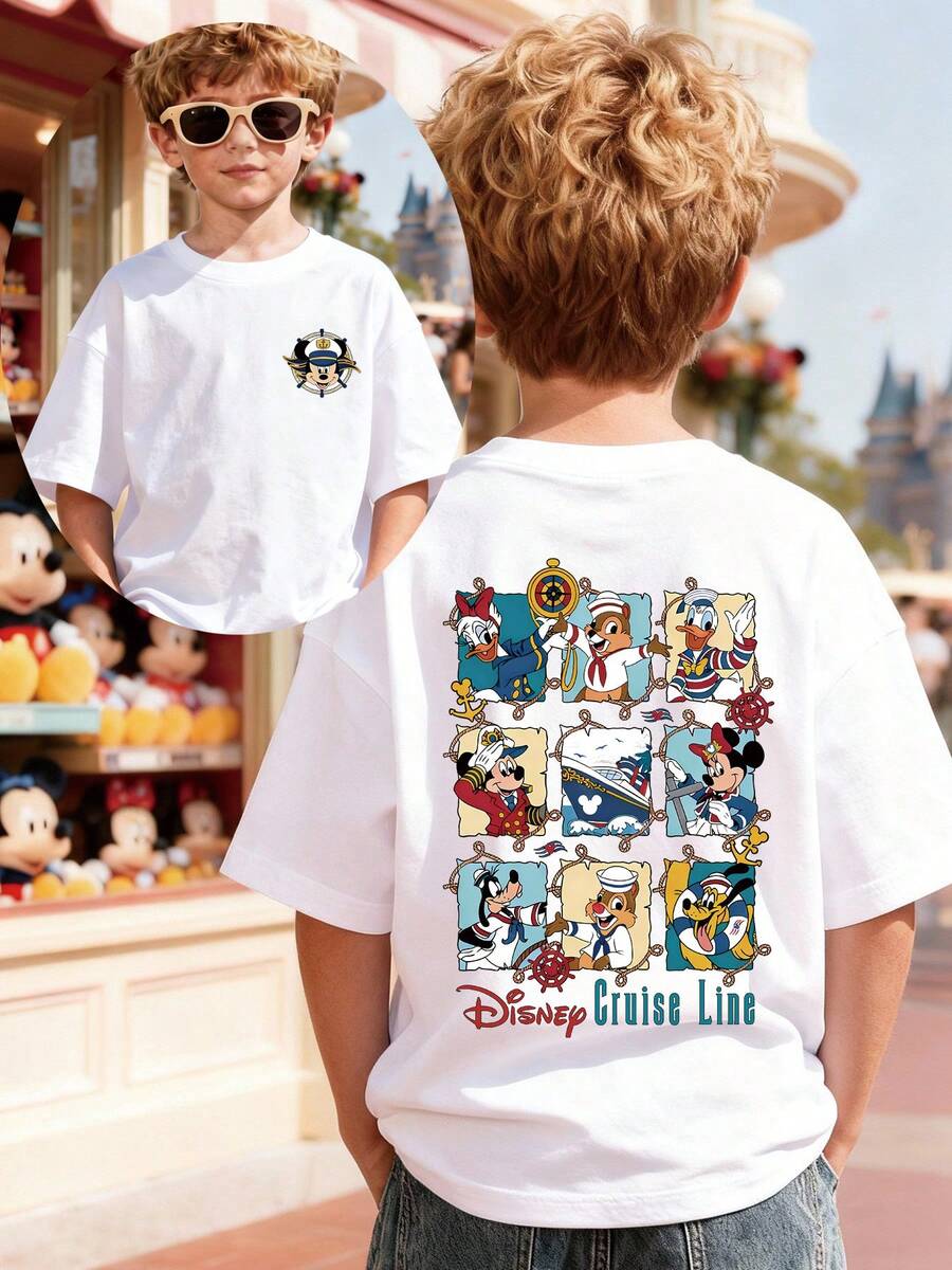 Disney Mickey And Friends Double-Sided Front And Back Print Cruise-Themed Summer Boys' Casual Cotton Crew Neck Short-Sleeve T-Shirt, Suitable For Everyday Wear, Travel, And Sports. Comfortable And Breathable, Stylish And Versatile, It's The Perfect Gift For Kids. - 白色 - 查看 1