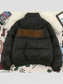 Abrigo de plumas para hombre con bordado retro y piel de PU abrigo acolchado grueso para invierno chaqueta de piel holgada unisex moda invierno - Negro y gris - Ver 2