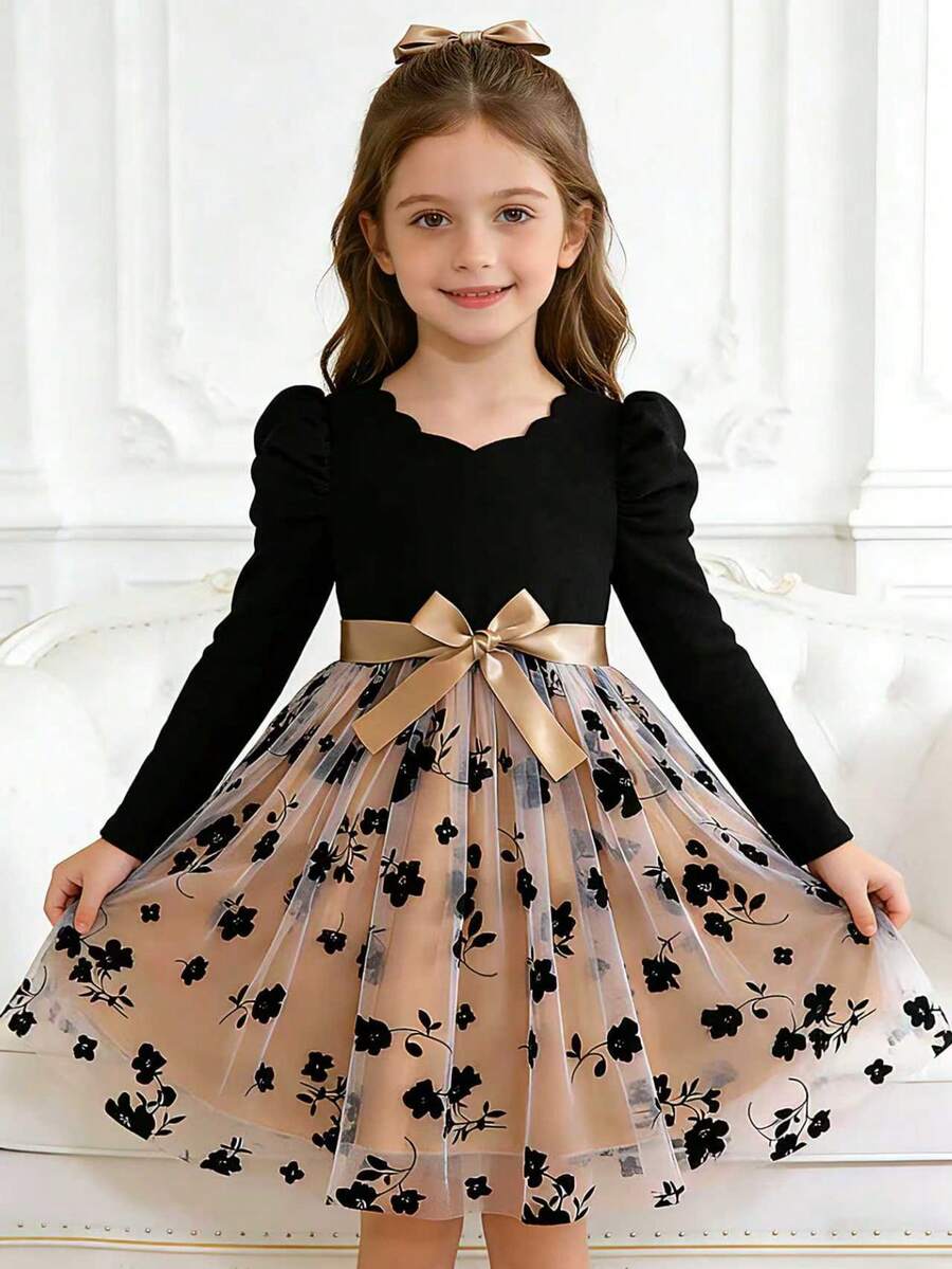 Váy thu mới cho bé gái 8-12 tuổi, váy lưới chắp vá cổ chữ V tay bồng kiểu Pháp có thắt lưng, thích hợp mặc đi học, tiệc sinh nhật, mặc hàng ngày - màu đen - Xem 1