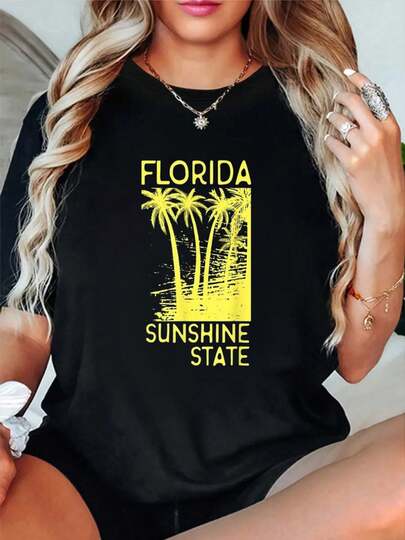 100% Cotton Florida Sunshine State Vintage Palms T-Shirt Short Sleeve Round Neck Casual Top For Summer & Spring, Women's Men's Graphic Tee
