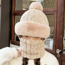 Winter Women's Hat With Face Mask, Full Face Cover, Windproof Neck Warmer, Fleece-Lined Ear Protection, Head Wrap, Warm Integrated Hat - Pineapple Pom-pom [Khaki] - View 13