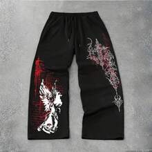 Wide Leg Sweatpants, Casual Gothic Design, Comfortable Streetwear - màu đen - Xem 6