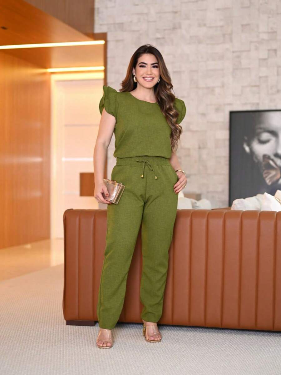 Women's 2-Piece Casual Elegant Set: Pleated Blouse, Cotton Linen Pants With Ruffled Sleeves, Scrub Set, Spring/Summer 2025 Fashion Colors. - Hijau Limau/Berkerut - View 1