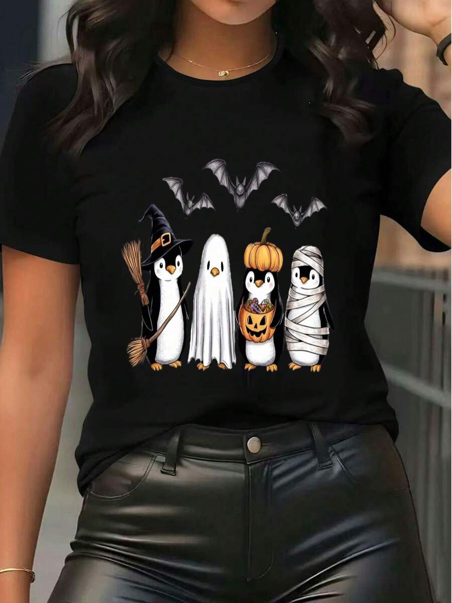 T-shirt femme imprimé de dessins animés d'Halloween, t-shirt graphique à col rond à manches courtes avec pingouin, fantôme et chauve-souris mignons - Noir - Voir 1