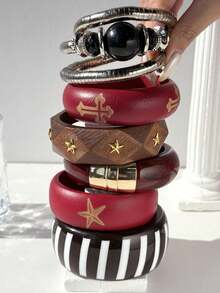 Vintage Burgundy, Black, Brown Striped Resin Bangle, Asymmetrical Geometric Starfish & Cross Wooden Bangle, Dystopian Punk Chic Jewelry, Charming & Elegant Accessories For Women, Suitable For Vacation & Music Festivals - Multicolor - View 1