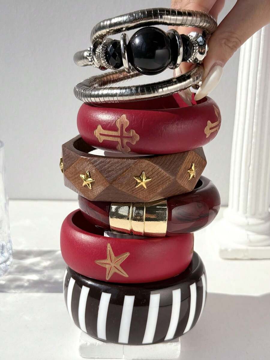 Vintage Burgundy, Black, Brown Striped Resin Bangle, Asymmetrical Geometric Starfish & Cross Wooden Bangle, Dystopian Punk Chic Jewelry, Charming & Elegant Accessories For Women, Suitable For Vacation & Music Festivals - Multicolor - View 1