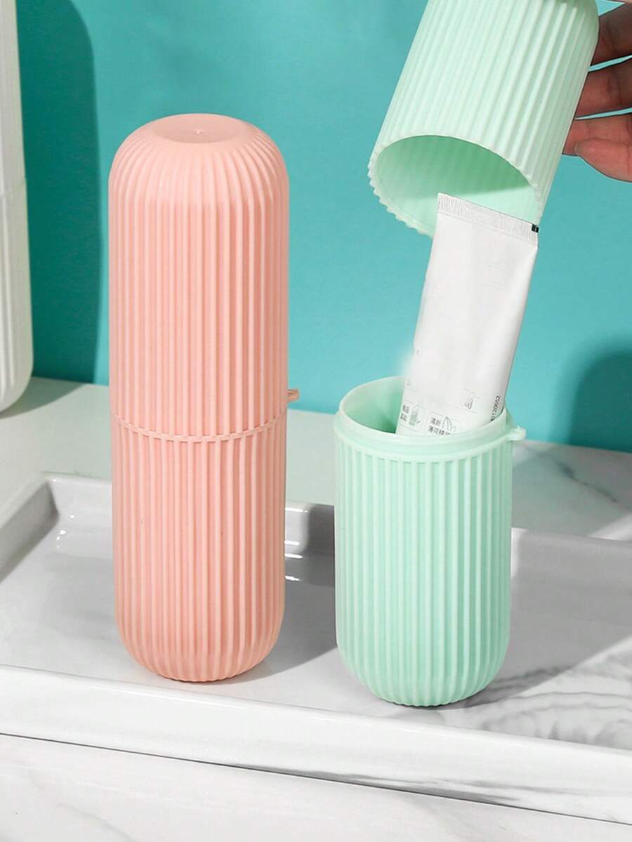 一套便携式旅行牙刷盒，包含带盖漱口杯、牙膏牙刷收纳盒、漱口杯、随机颜色牙刷杯绳、化妆刷收纳盒、旅行漱口杯、情侣便携式牙刷、旅行用品、浴室装饰、浴室配件、收纳整理 - 彩色 - 查看 1