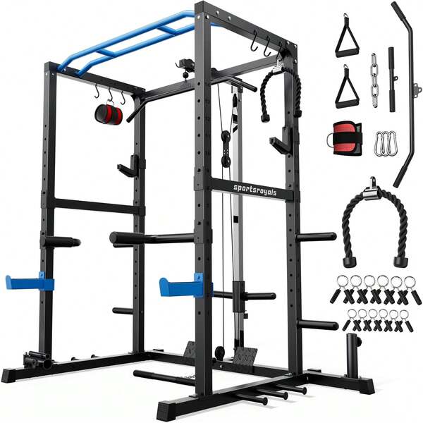FLYBIRD Power Cage,1600lbs Multi-Function Power Rack With Adjustable Cable Crossover System And More Training Attachment, Weight Cage For Home Gym