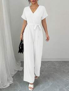 Women's Jumpsuit Casual Short Sleeve Wrap V Neck Belted Wide Leg Pants - trắng - Xem 3