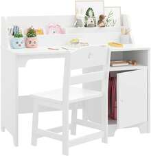 Escritorio Infantil con Silla, Mesa de Estudio para Niños y Niñas con Gabinete de Almacenaje, Escritorio de Madera para Cuarto Infantil y Sala de Estudio - Blanco - Ver 3