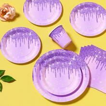 Purple Diamond Teardrop Disposable Plates, Napkins, Cups - One-Time Party Supplies Set, Fits 25 Guests, Disposable Paper Plates Party Tableware Suitable For Birthday, Wedding, Theme Party, Family Picnic - Multicolor - View 4