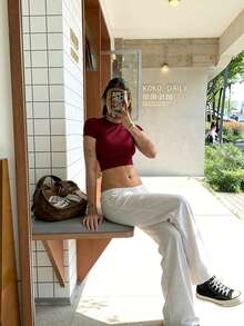 Red High Elasticity Cropped Tight Fit Casual Sports Tee, Basic Vacation T-Shirt For Women, Valentine's Day Summer - Burgundy - View 6