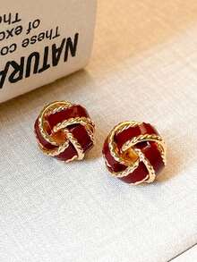 1 Pair Retro Elegant Geometric Circle Knot Minimalist Design Drop Earrings, Burgundy, Suitable For Women's Daily, Commute And Casual Wear - Burgundy - View 2