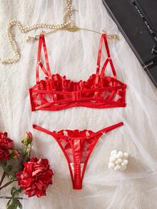 优雅红色刺绣性感内衣套装 - 紅色 - 查看 5