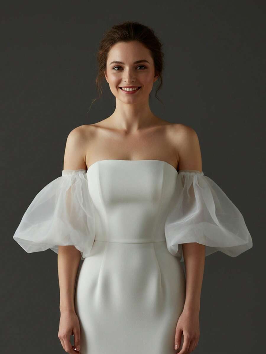 1 Pair Organza Princess Sleeve Cuffs, White Puffy Tulle, Suitable For Bride Wedding, Banquet, Party, Travel Photography Women's Accessories - 白色 - 查看 1