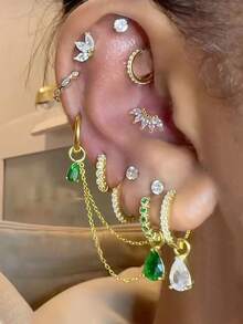 12 piezas Conjunto de aretes de cadena con gota de circonita cúbica elegante, joyería de moda para mujeres, adecuada para uso diario, citas, fiestas, festivales de música, superposición - Amarillo Oro - Ver 1