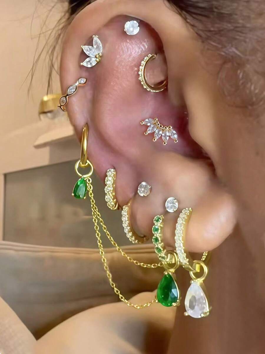 12 piezas Conjunto de aretes de cadena con gota de circonita cúbica elegante, joyería de moda para mujeres, adecuada para uso diario, citas, fiestas, festivales de música, superposición - Amarillo Oro - Ver 1