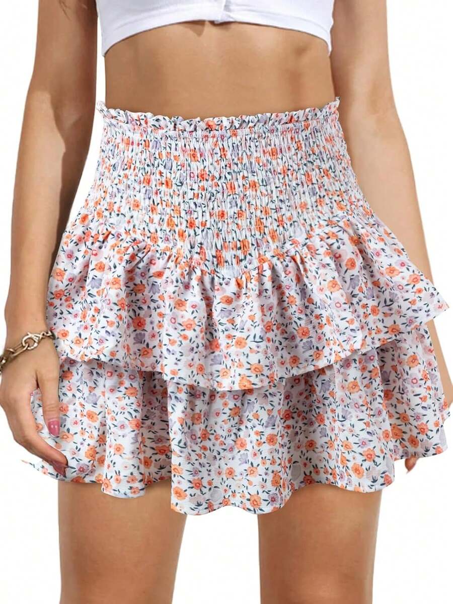 Women's High Waist Ruffle Mini Skirt, Cute Tiered Short Skirt With Shorts Liner - 白花 - 查看 1
