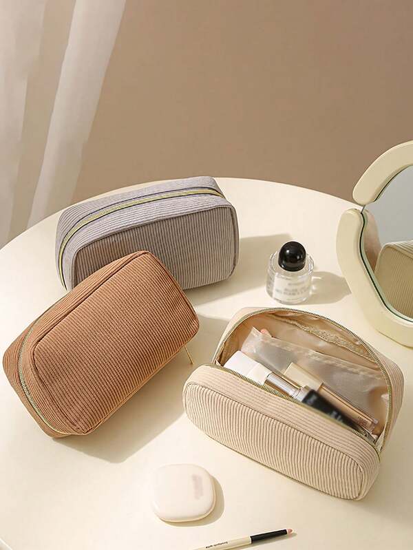 Geantă de machiaj din catifea reiată, 1 bucată, geantă de călătorie minimalistă cu fermoar pentru femei, geantă de plajă, organizatoare de genți, manager de luciu de buze, geantă portabilă de depozitare a articolelor de toaletă de călătorie, geantă de machiaj cu strat dublu de mare capacitate, geantă de depozitare multifuncțională pentru călătorie, geantă de toaletă esențială pentru călătorie, geantă de toaletă de călătorie, geantă de spălare, geantă de duș pentru femei, cuburi de ambalare, esențiale pentru croazieră, esențiale pentru vacanță