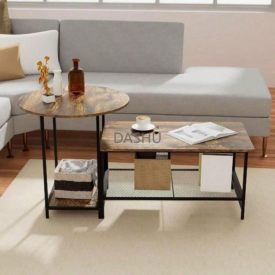 Diseño 2 en 1 con Mesa Rectangular con Almacenamiento y Mesa Auxiliar Redonda, Bossa Juego de 2 Mesas de Centro para Sala Clai – Estilo Industrial Marrón y Negro - por defecto - Ver 1