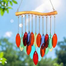 1pc Colorful Leaf Wind Chime, Iron & Fused Colored Glass, Home, Office, Porch Decor - Multicolor - View 2
