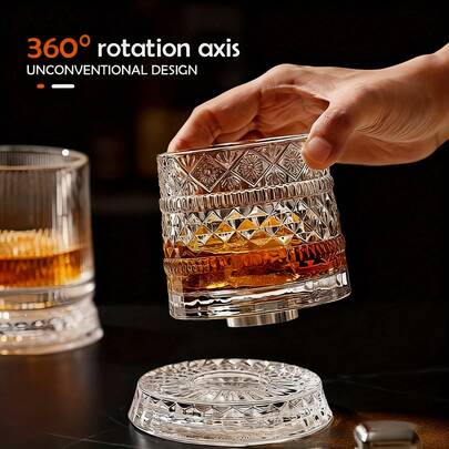 1个旋转玻璃杯（带底座），适用于酒吧、威士忌、葡萄酒、白兰地、龙舌兰酒杯及其他饮料杯，高端旋转酒杯，适合家庭、酒吧、餐厅使用，生日礼物、纪念品佳品。